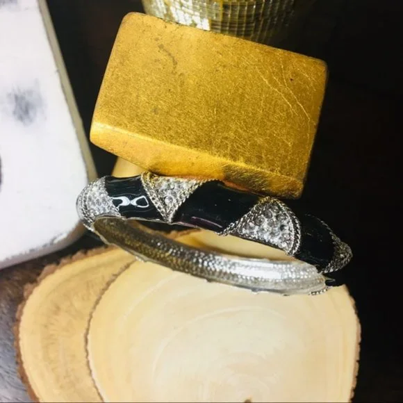 Rhinestone Bangle Bracelet Black w/ Rhinestone Silver - Picture 3 of 5